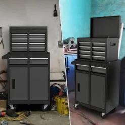 2 in 1 Werkstattwagen mit Koffer & 8 Fächer & Verstellbarem Regal Werkzeugwagen 100 kg Tragkraft