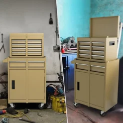 2 in 1 Werkstattwagen mit Koffer & 8 Fächer & Verstellbarem Regal Werkzeugwagen 100 kg Tragkraft