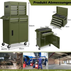 2 in 1 Werkstattwagen mit Koffer & 8 Fächer & Verstellbarem Regal Werkzeugwagen 100 kg Tragkraft