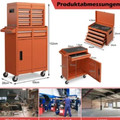 2 in 1 Werkstattwagen mit Koffer & 8 Fächer & Verstellbarem Regal Werkzeugwagen 100 kg Tragkraft