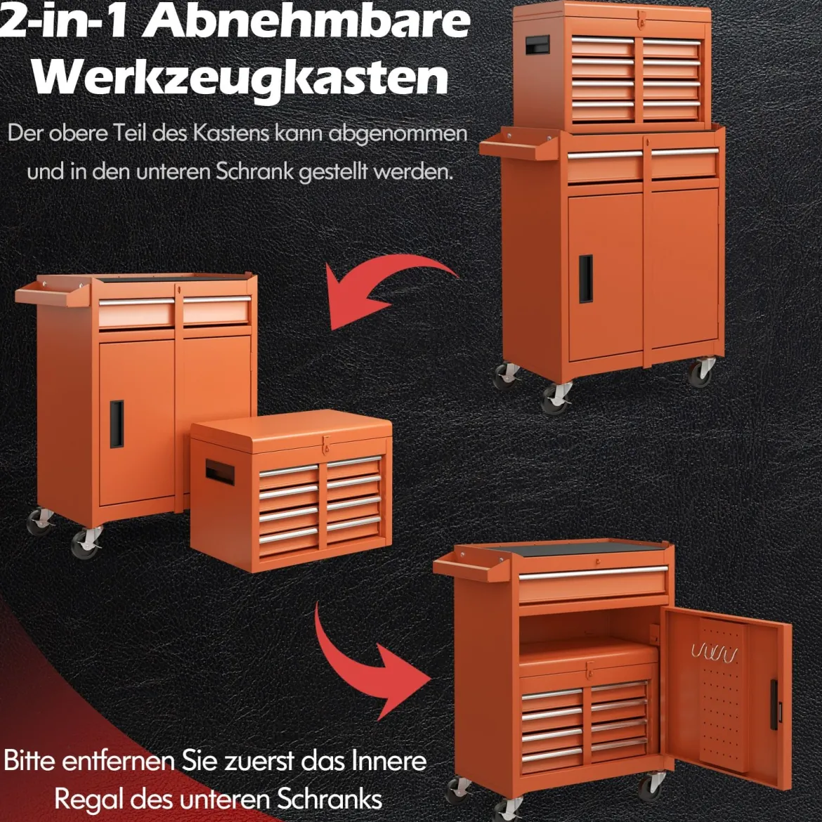2 in 1 Werkstattwagen mit Koffer & 8 Fächer & Verstellbarem Regal Werkzeugwagen 100 kg Tragkraft