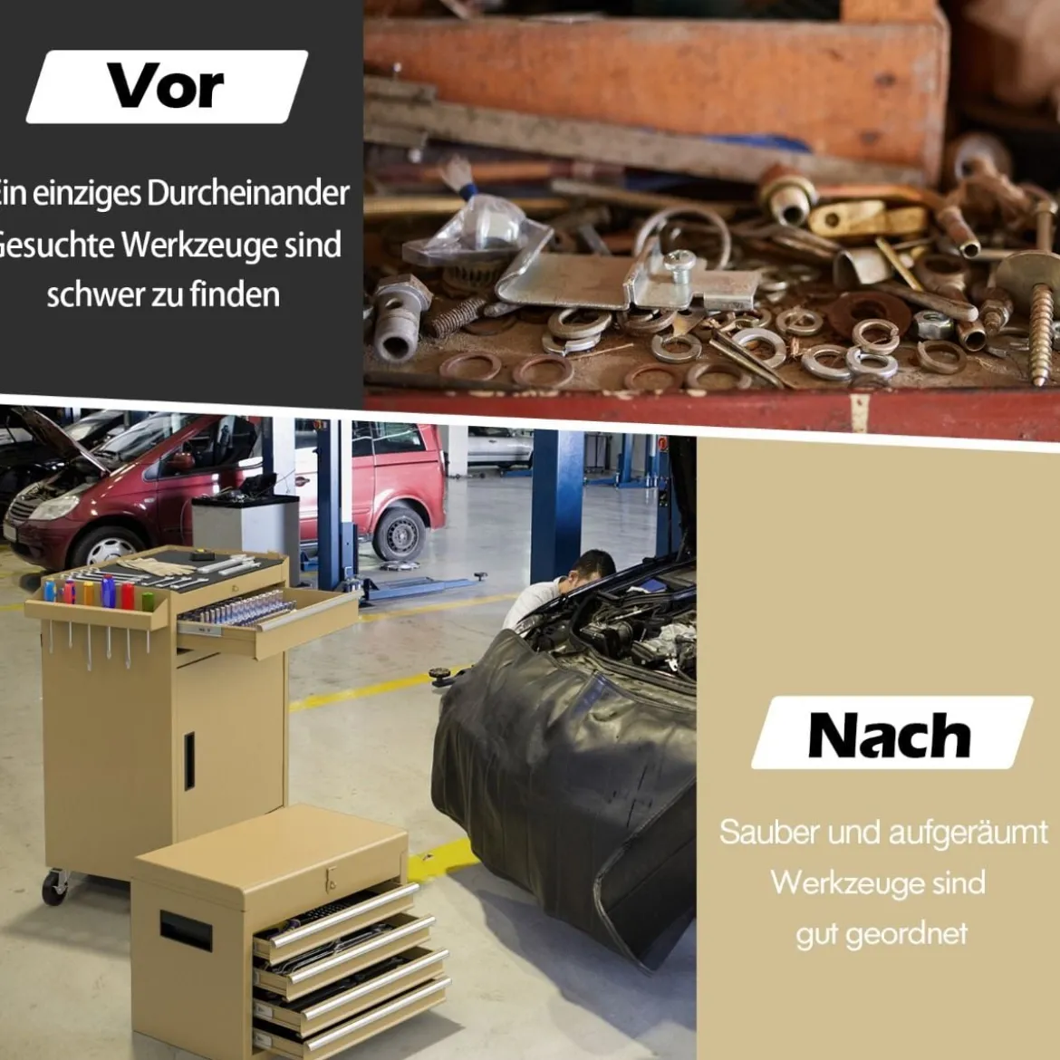 2 in 1 Werkstattwagen mit Koffer & 8 Fächer & Verstellbarem Regal Werkzeugwagen 100 kg Tragkraft