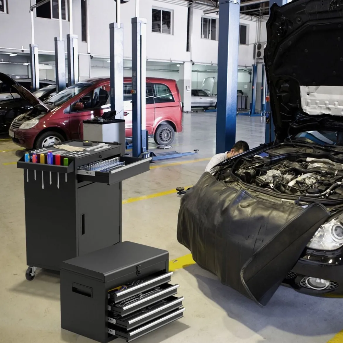 2 in 1 Werkstattwagen mit Koffer & 8 Fächer & Verstellbarem Regal Werkzeugwagen 100 kg Tragkraft