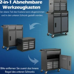 2 in 1 Werkstattwagen mit Koffer & 8 Fächer & Verstellbarem Regal Werkzeugwagen 100 kg Tragkraft