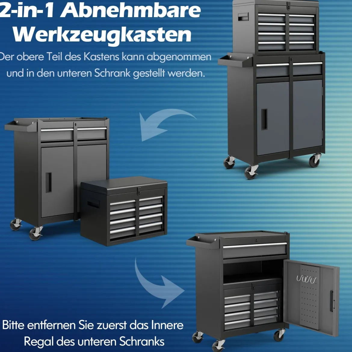 2 in 1 Werkstattwagen mit Koffer & 8 Fächer & Verstellbarem Regal Werkzeugwagen 100 kg Tragkraft