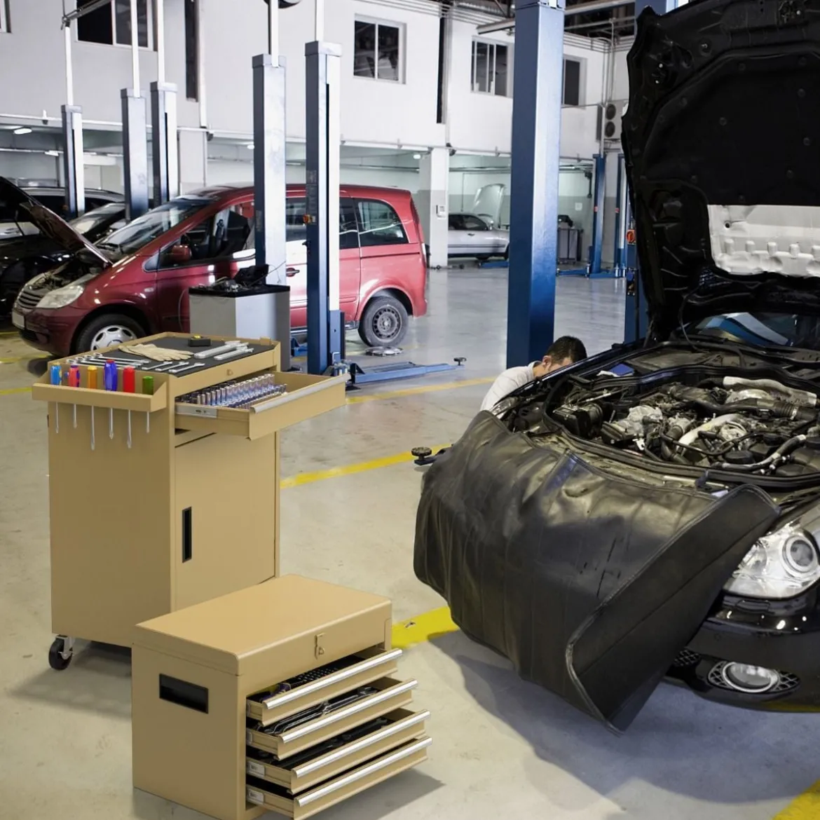 2 in 1 Werkstattwagen mit Koffer & 8 Fächer & Verstellbarem Regal Werkzeugwagen 100 kg Tragkraft