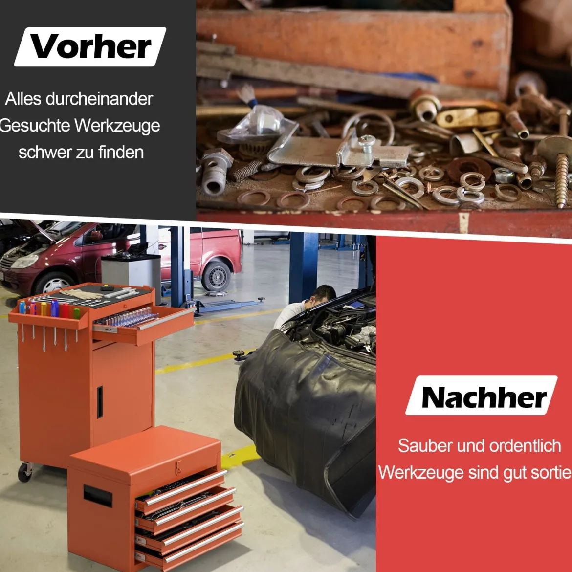 2 in 1 Werkstattwagen mit Koffer & 8 Fächer & Verstellbarem Regal Werkzeugwagen 100 kg Tragkraft