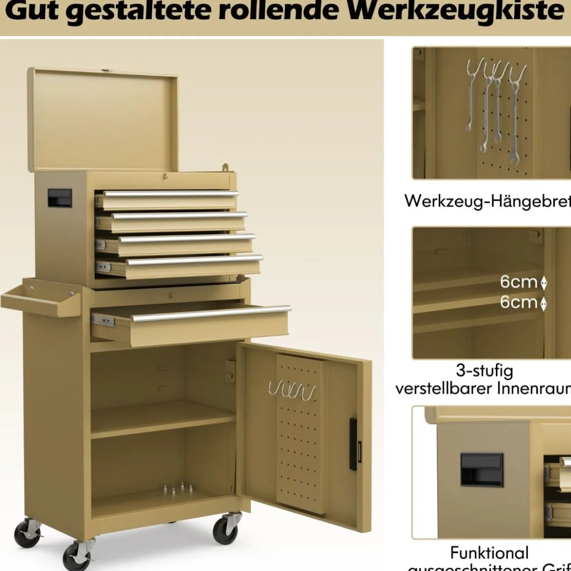 2 in 1 Werkstattwagen mit Koffer & 8 Fächer & Verstellbarem Regal Werkzeugwagen 100 kg Tragkraft