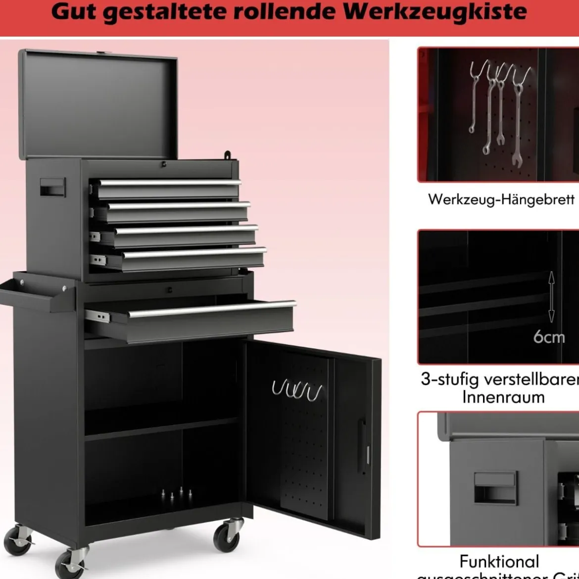 2 in 1 Werkstattwagen mit Koffer & 8 Fächer & Verstellbarem Regal Werkzeugwagen 100 kg Tragkraft