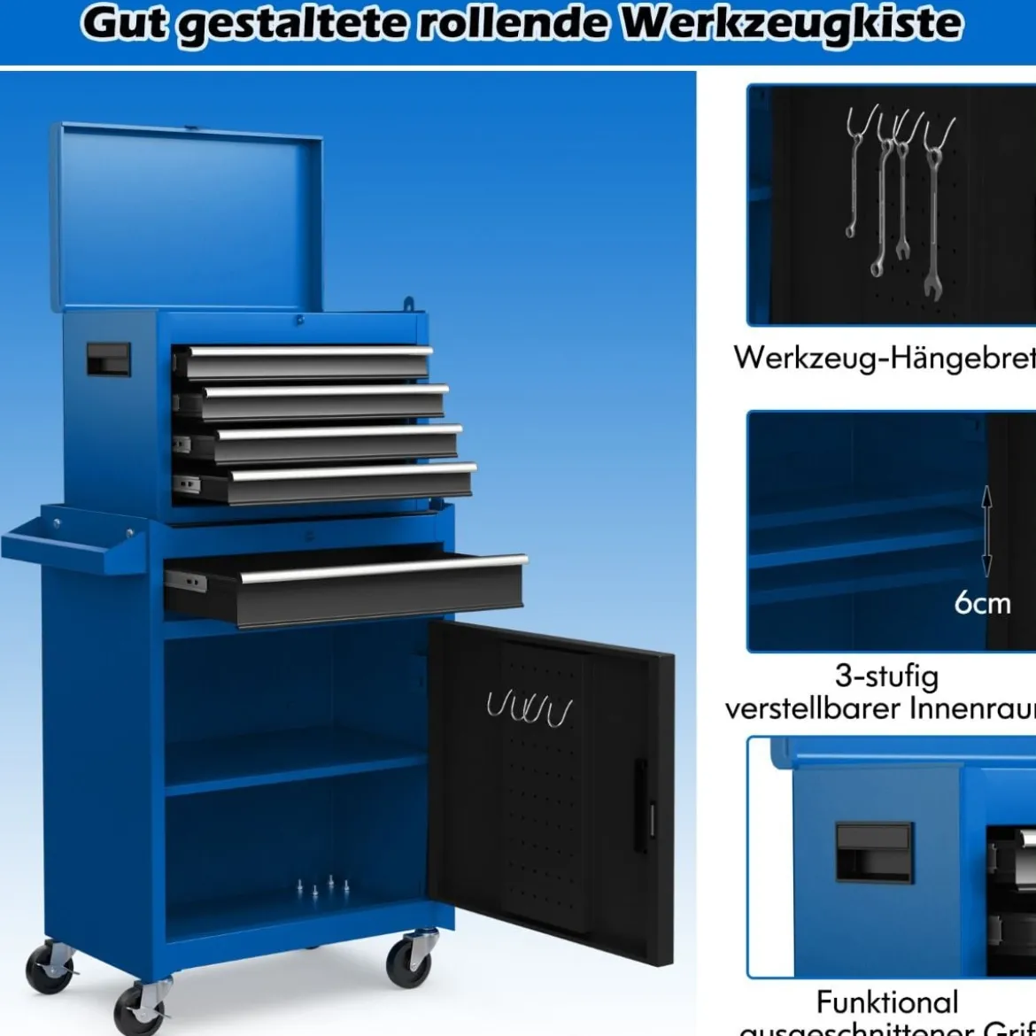 2 in 1 Werkstattwagen mit Koffer & 8 Fächer & Verstellbarem Regal Werkzeugwagen 100 kg Tragkraft