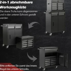 2 in 1 Werkstattwagen mit Koffer & 8 Fächer & Verstellbarem Regal Werkzeugwagen 100 kg Tragkraft