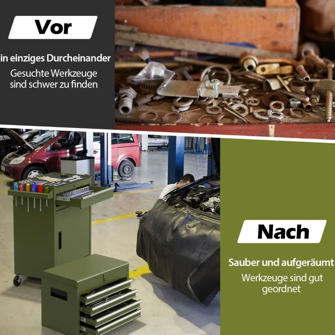 2 in 1 Werkstattwagen mit Koffer & 8 Fächer & Verstellbarem Regal Werkzeugwagen 100 kg Tragkraft