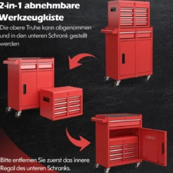 2 in 1 Werkstattwagen mit Koffer & 8 Fächer & Verstellbarem Regal Werkzeugwagen 100 kg Tragkraft
