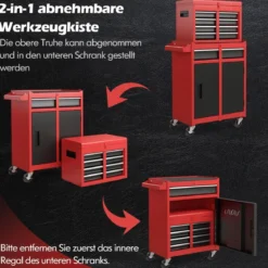 2 in 1 Werkstattwagen mit Koffer & 8 Fächer & Verstellbarem Regal Werkzeugwagen 100 kg Tragkraft