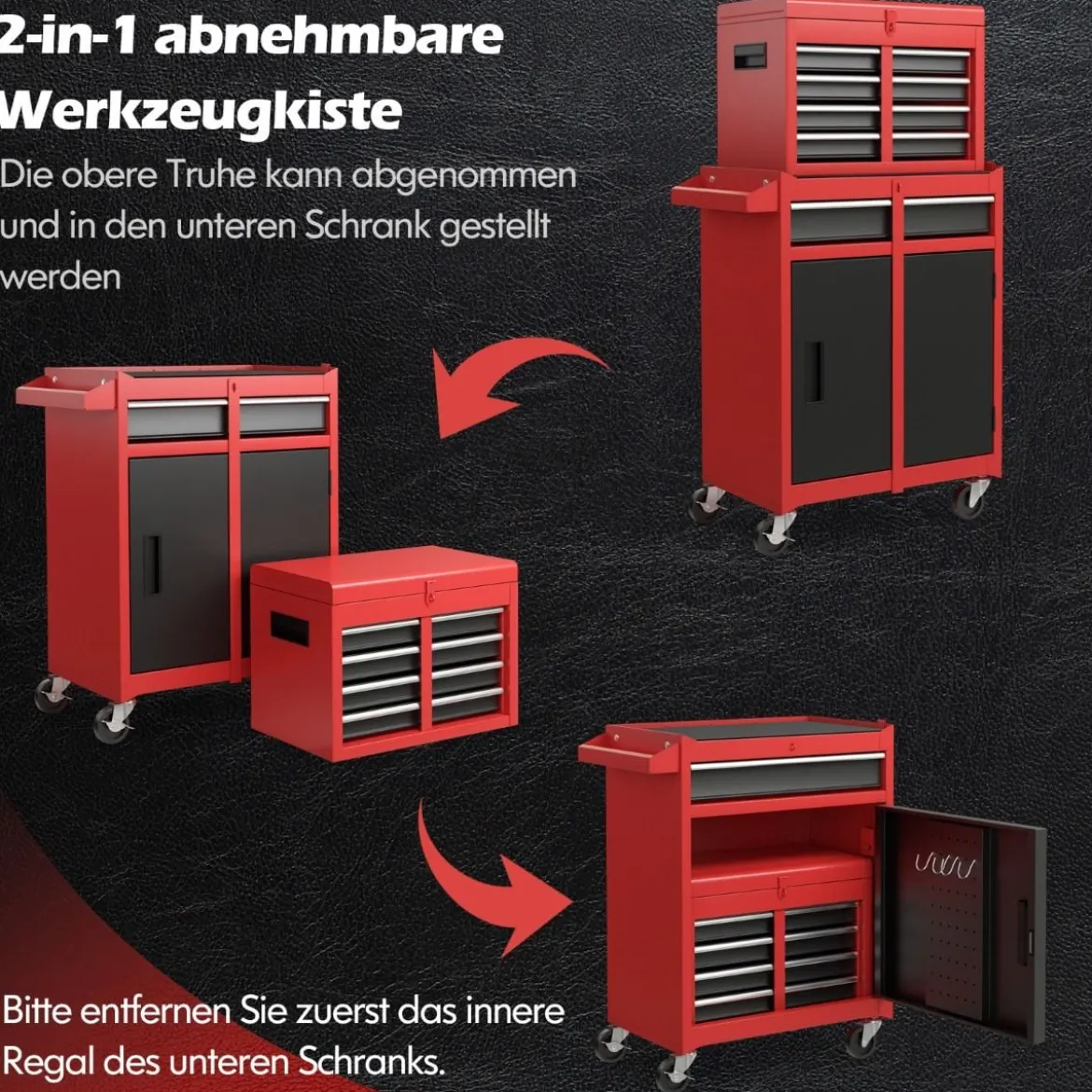 2 in 1 Werkstattwagen mit Koffer & 8 Fächer & Verstellbarem Regal Werkzeugwagen 100 kg Tragkraft