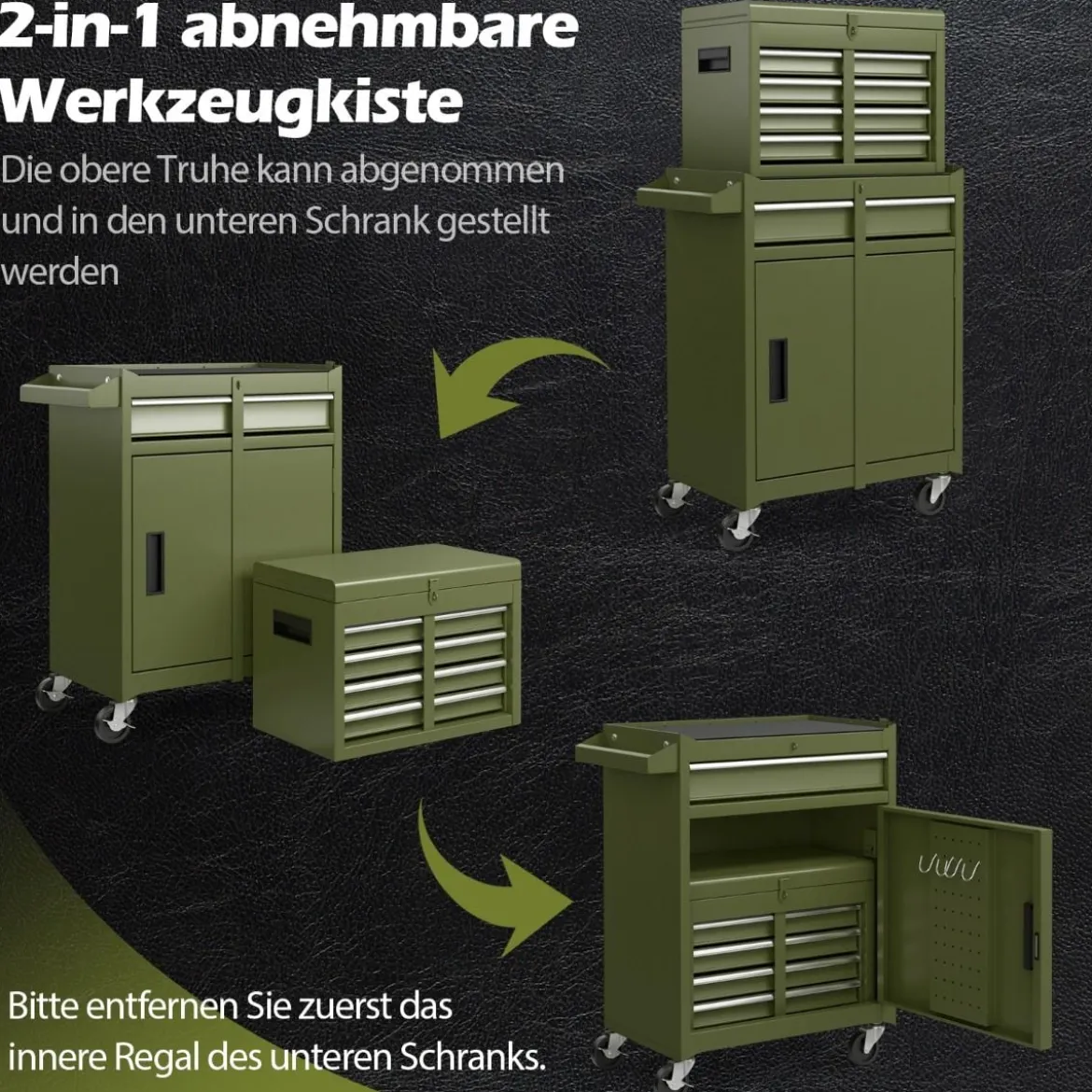 2 in 1 Werkstattwagen mit Koffer & 8 Fächer & Verstellbarem Regal Werkzeugwagen 100 kg Tragkraft