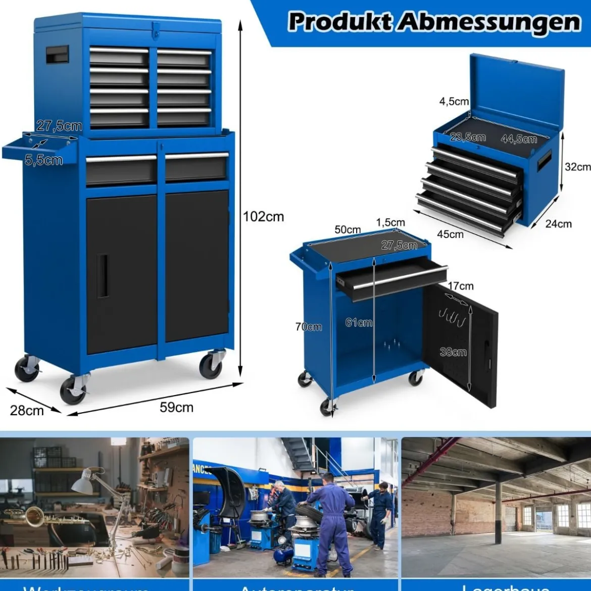 2 in 1 Werkstattwagen mit Koffer & 8 Fächer & Verstellbarem Regal Werkzeugwagen 100 kg Tragkraft