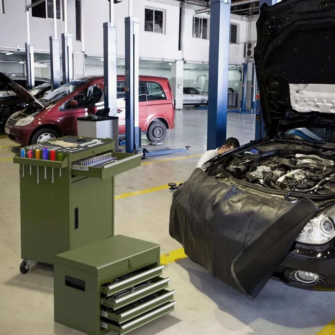 2 in 1 Werkstattwagen mit Koffer & 8 Fächer & Verstellbarem Regal Werkzeugwagen 100 kg Tragkraft