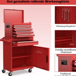 2 in 1 Werkstattwagen mit Koffer & 8 Fächer & Verstellbarem Regal Werkzeugwagen 100 kg Tragkraft