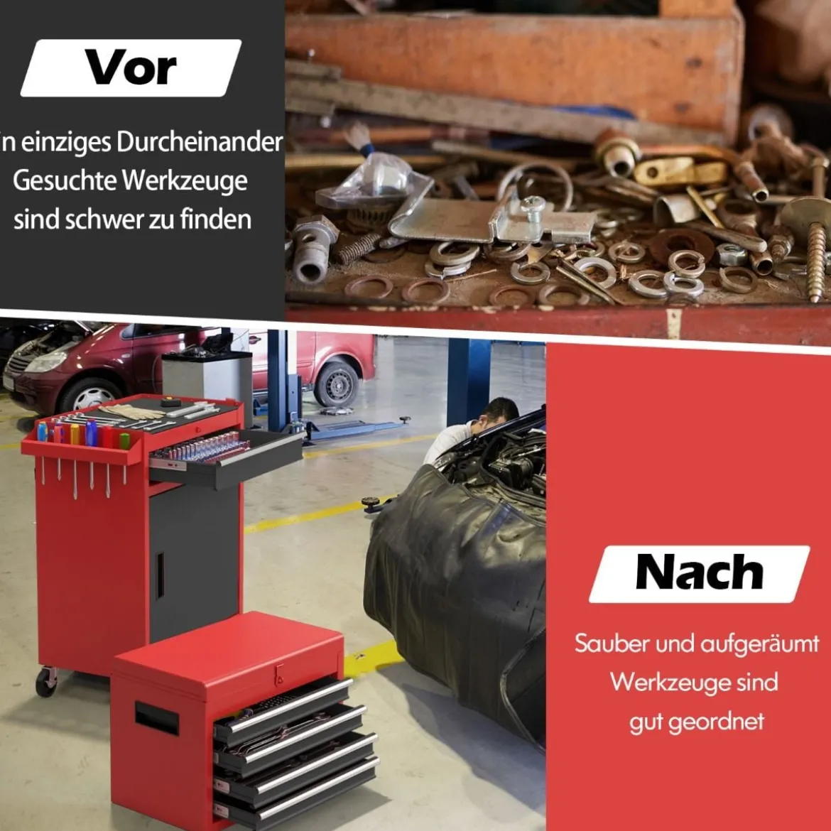 2 in 1 Werkstattwagen mit Koffer & 8 Fächer & Verstellbarem Regal Werkzeugwagen 100 kg Tragkraft