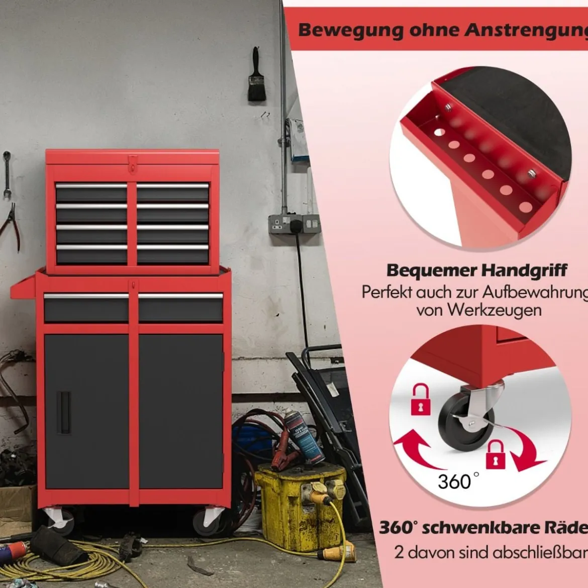 2 in 1 Werkstattwagen mit Koffer & 8 Fächer & Verstellbarem Regal Werkzeugwagen 100 kg Tragkraft