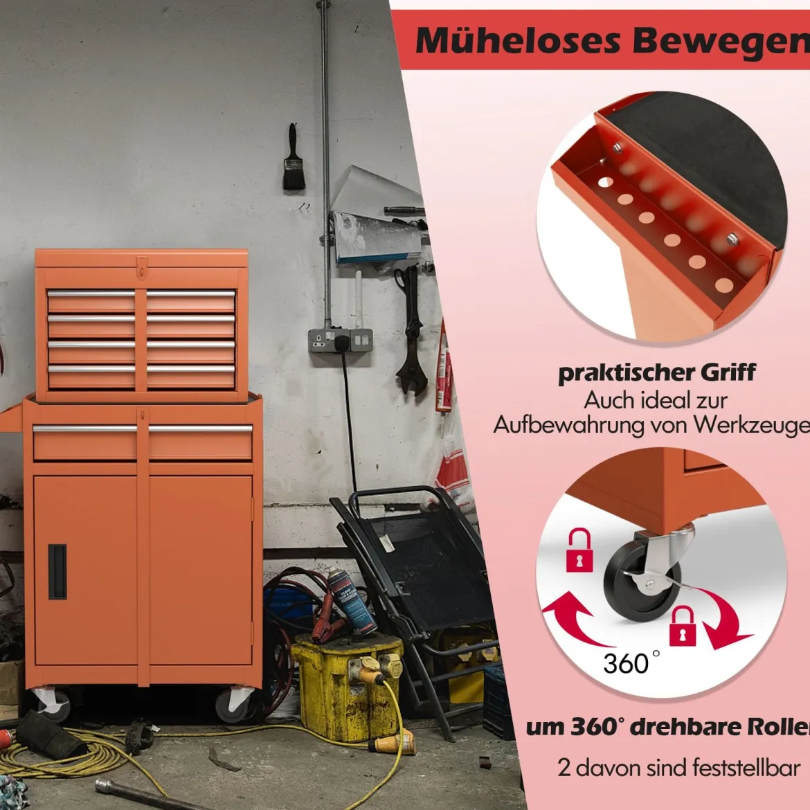2 in 1 Werkstattwagen mit Koffer & 8 Fächer & Verstellbarem Regal Werkzeugwagen 100 kg Tragkraft