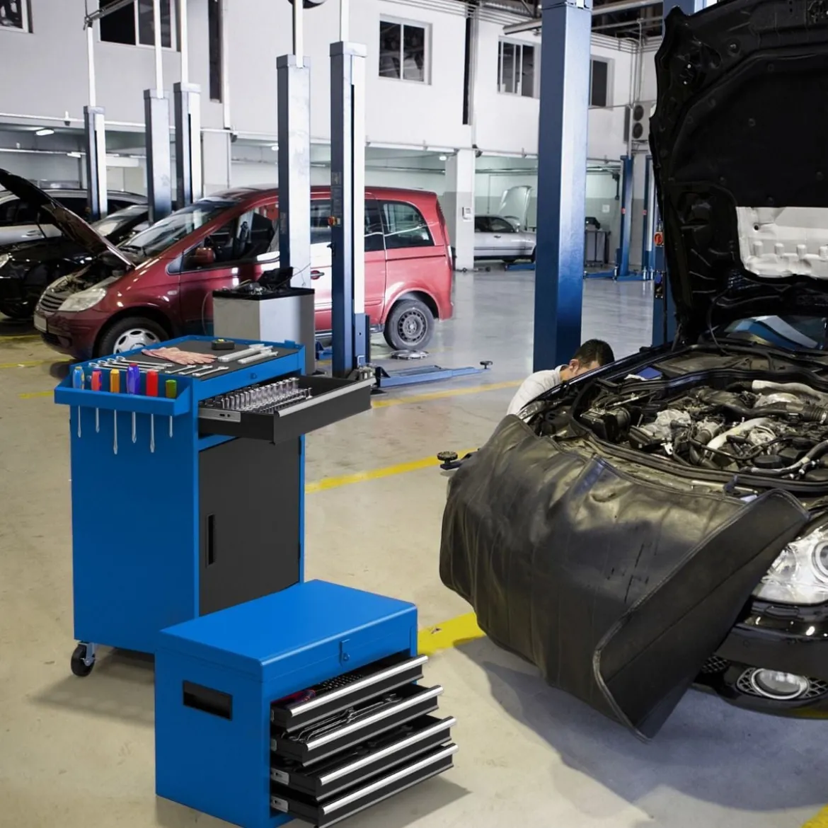 2 in 1 Werkstattwagen mit Koffer & 8 Fächer & Verstellbarem Regal Werkzeugwagen 100 kg Tragkraft