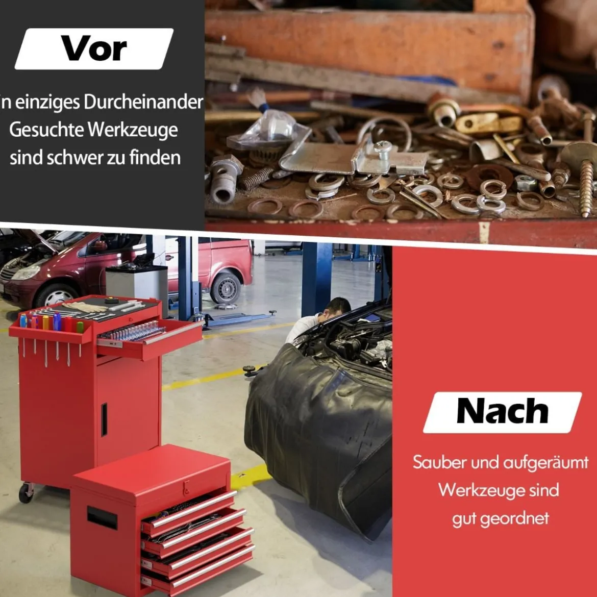 2 in 1 Werkstattwagen mit Koffer & 8 Fächer & Verstellbarem Regal Werkzeugwagen 100 kg Tragkraft