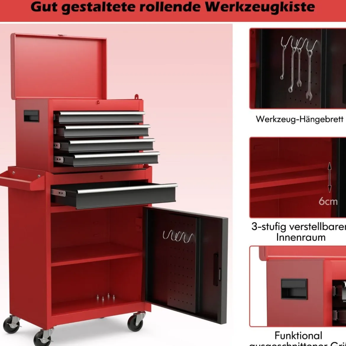 2 in 1 Werkstattwagen mit Koffer & 8 Fächer & Verstellbarem Regal Werkzeugwagen 100 kg Tragkraft