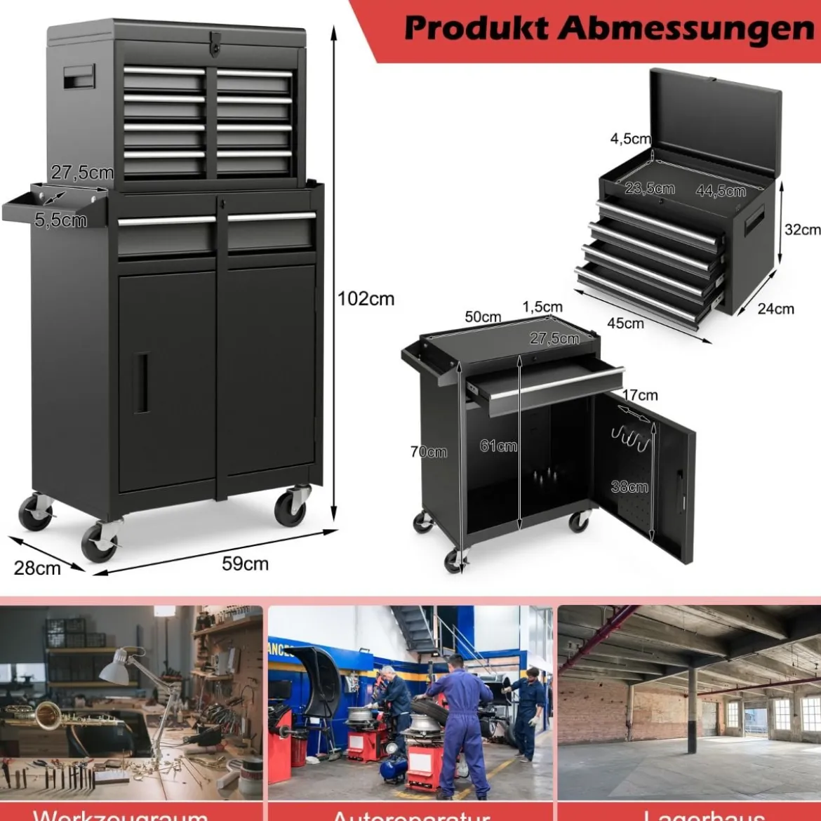 2 in 1 Werkstattwagen mit Koffer & 8 Fächer & Verstellbarem Regal Werkzeugwagen 100 kg Tragkraft