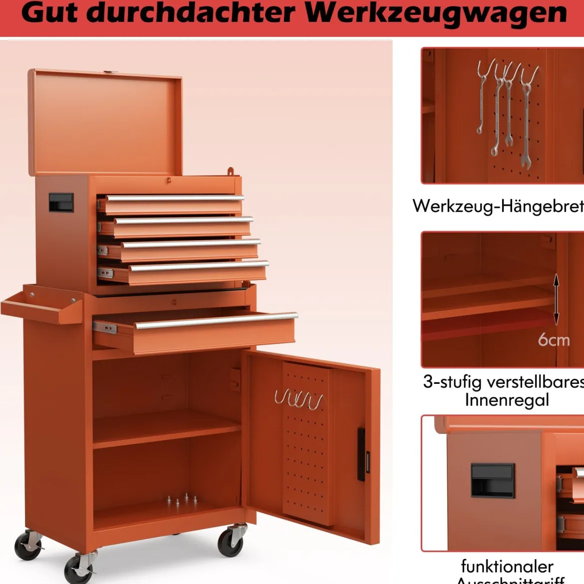 2 in 1 Werkstattwagen mit Koffer & 8 Fächer & Verstellbarem Regal Werkzeugwagen 100 kg Tragkraft
