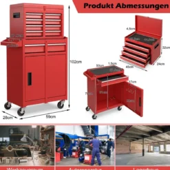 2 in 1 Werkstattwagen mit Koffer & 8 Fächer & Verstellbarem Regal Werkzeugwagen 100 kg Tragkraft