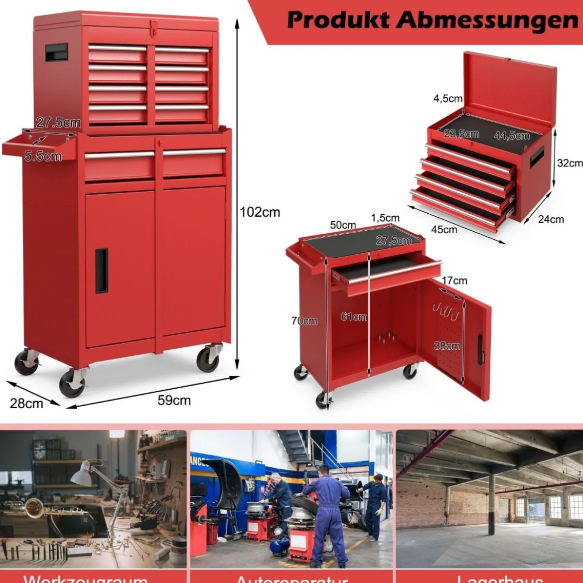 2 in 1 Werkstattwagen mit Koffer & 8 Fächer & Verstellbarem Regal Werkzeugwagen 100 kg Tragkraft