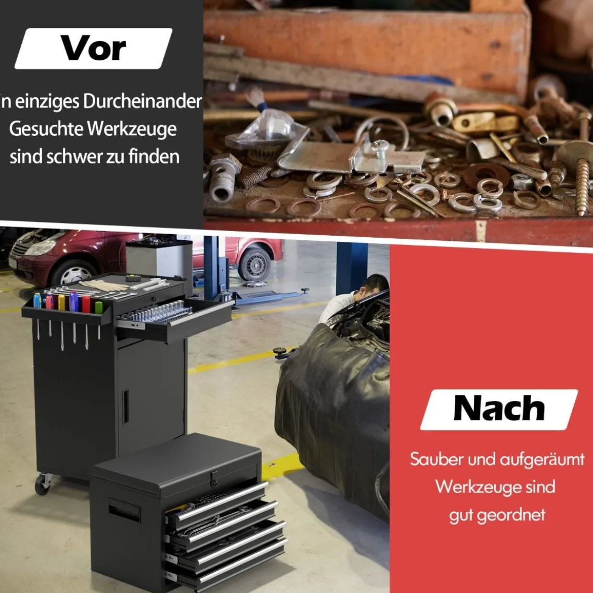 2 in 1 Werkstattwagen mit Koffer & 8 Fächer & Verstellbarem Regal Werkzeugwagen 100 kg Tragkraft