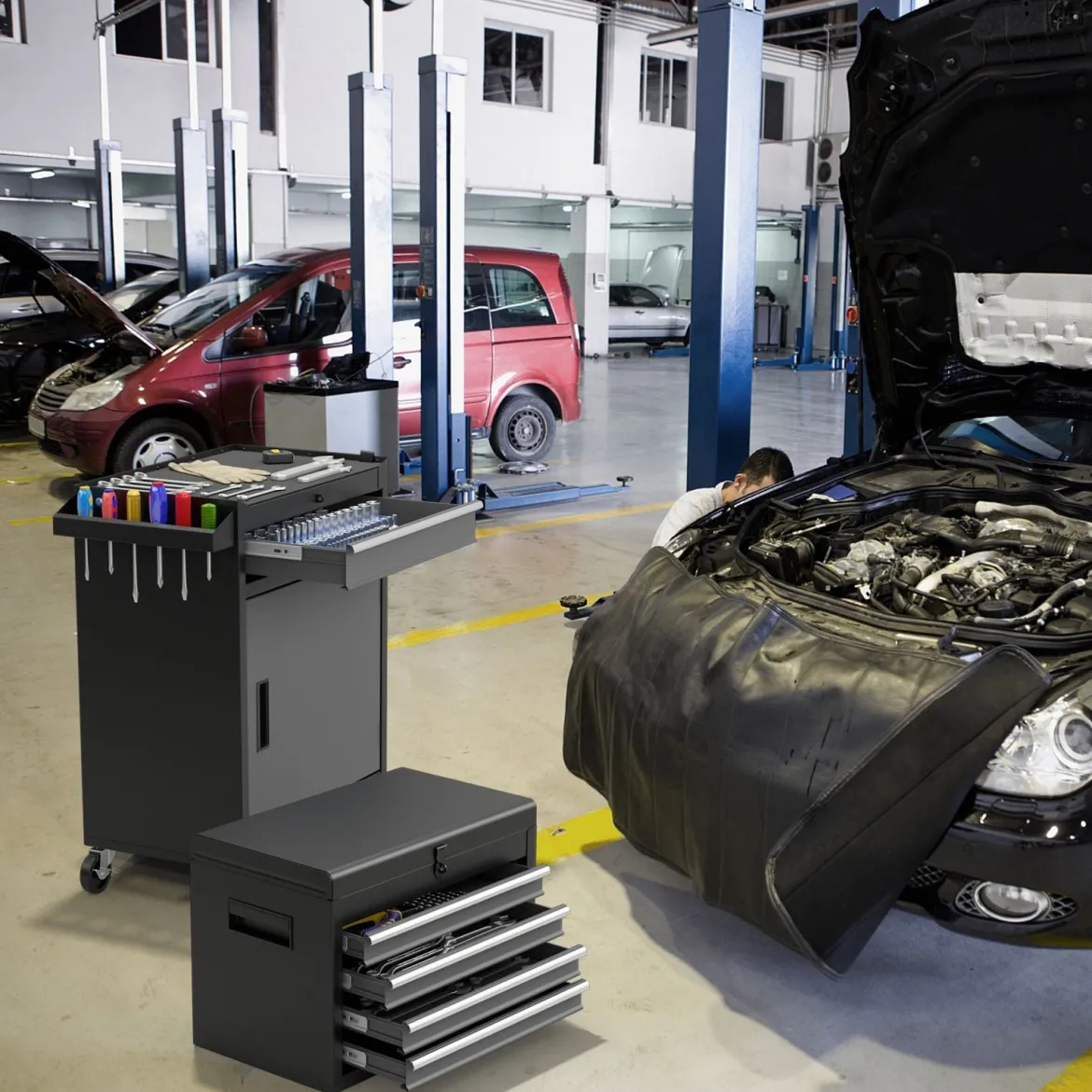 2 in 1 Werkstattwagen mit Koffer & 8 Fächer & Verstellbarem Regal Werkzeugwagen 100 kg Tragkraft