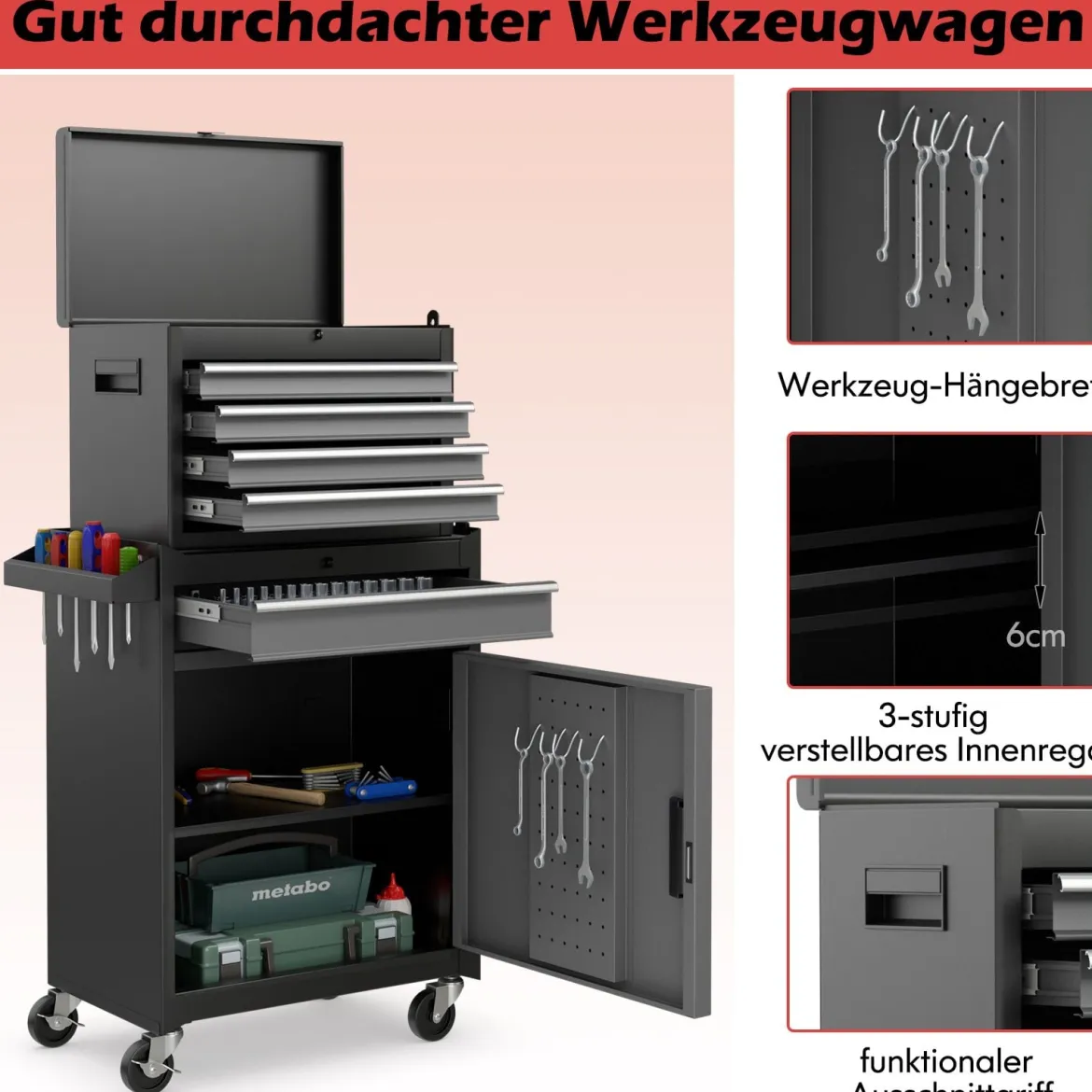 2 in 1 Werkstattwagen mit Koffer & 8 Fächer & Verstellbarem Regal Werkzeugwagen 100 kg Tragkraft