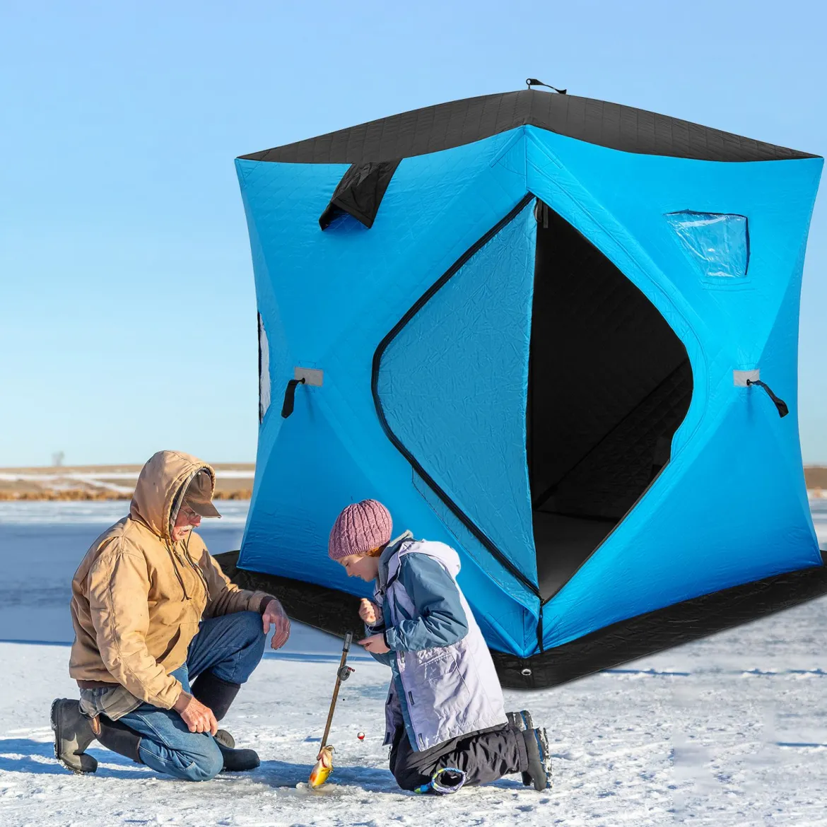 Isoliertes Pop-up-Eisangelzelt mit Gepolsterten Baumwollwänden Fenstern Eisschutzzelt Blau
