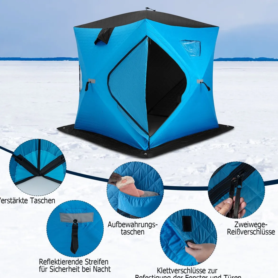 Isoliertes Pop-up-Eisangelzelt mit Gepolsterten Baumwollwänden Fenstern Eisschutzzelt Blau