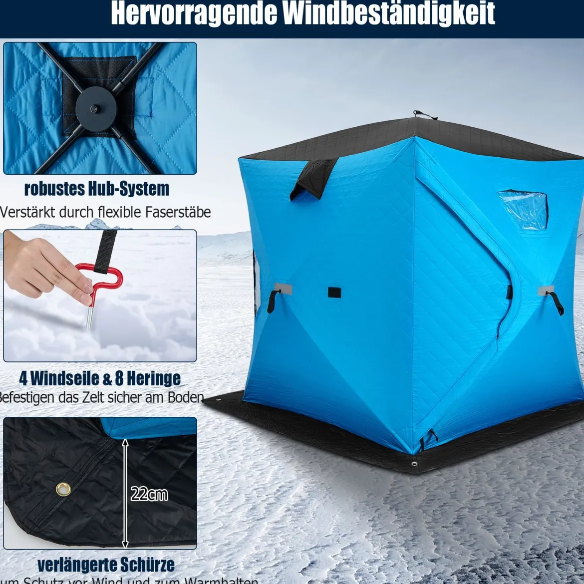 Isoliertes Pop-up-Eisangelzelt mit Gepolsterten Baumwollwänden Fenstern Eisschutzzelt Blau