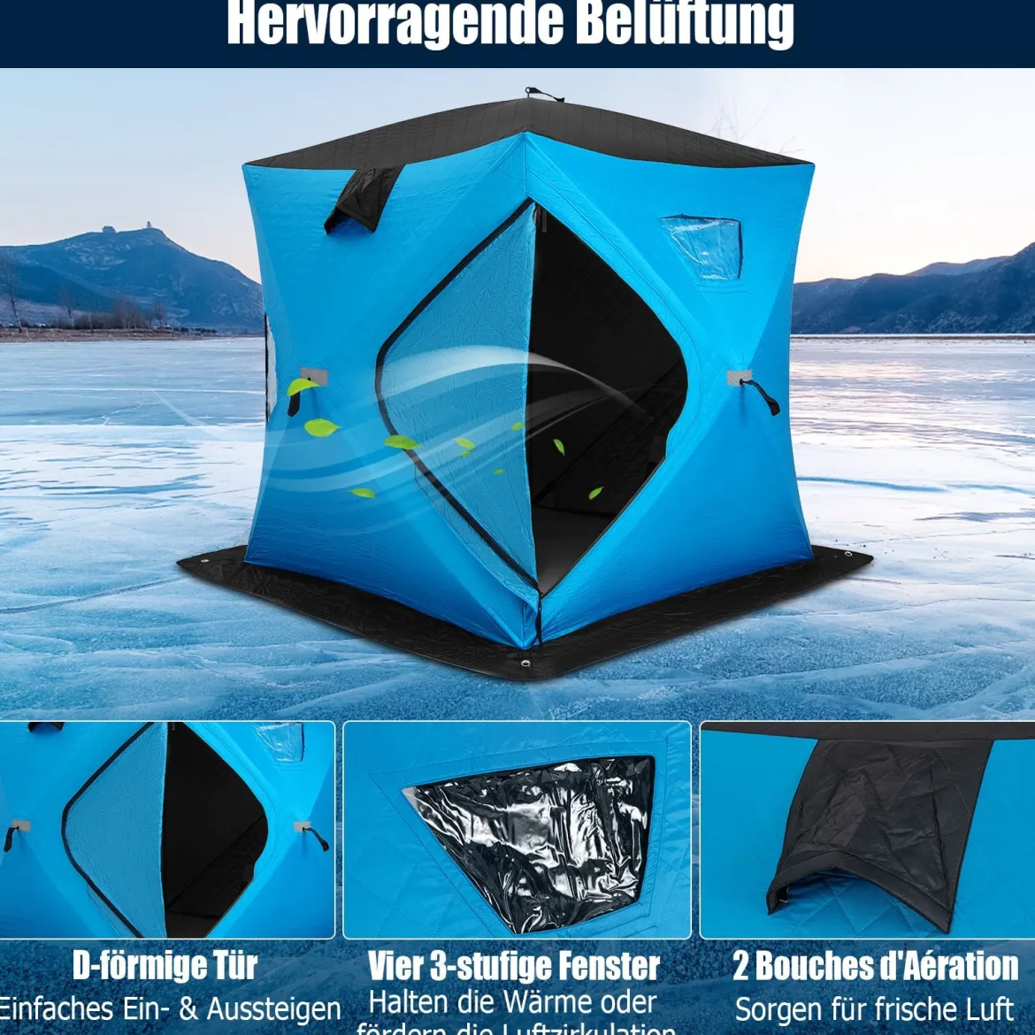 Isoliertes Pop-up-Eisangelzelt mit Gepolsterten Baumwollwänden Fenstern Eisschutzzelt Blau