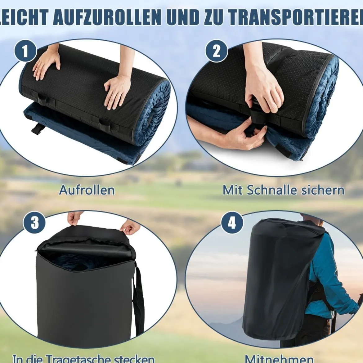 Isomatte Camping Campingmatratze aus Memory-Schaum leichte Schlafmatte mit Flanellbezug 183 x 62,5 x 6,5 cm