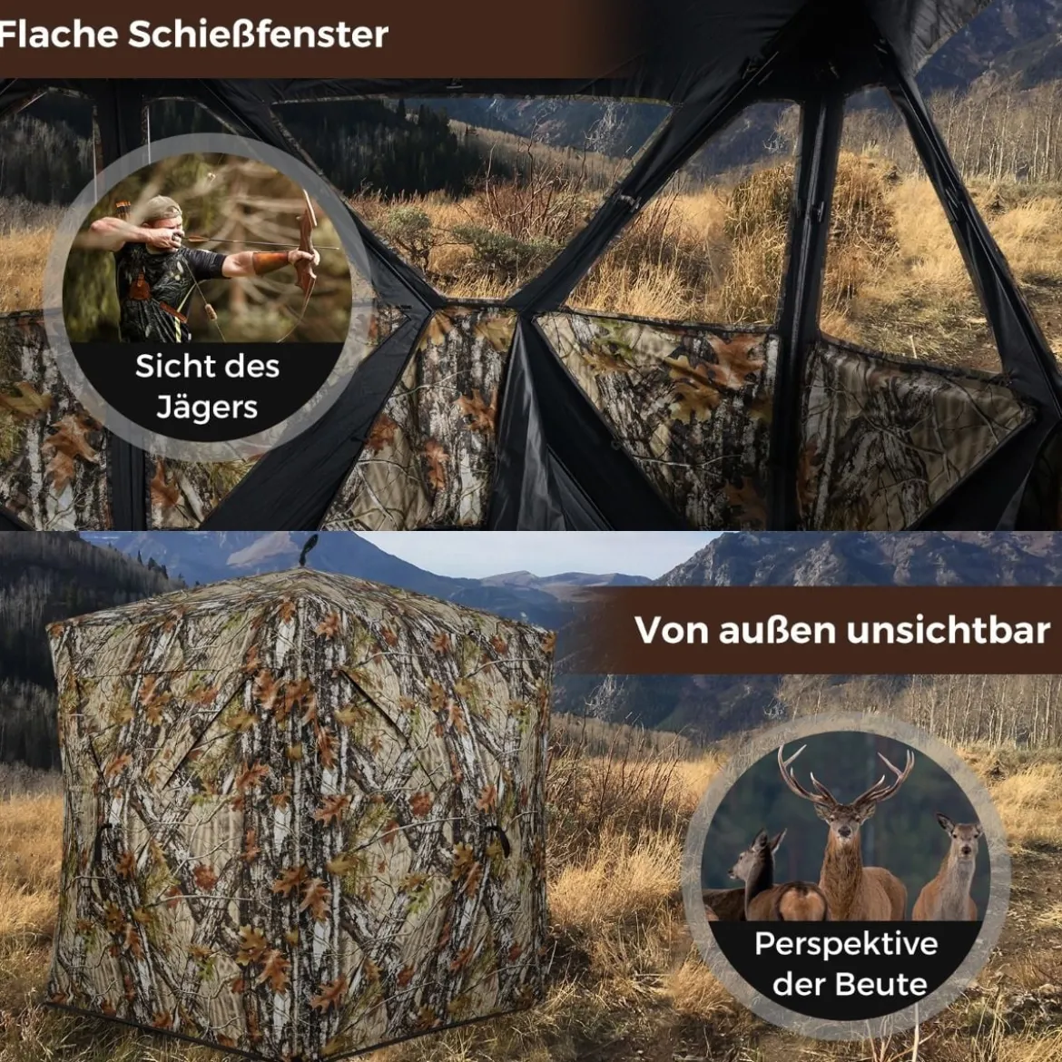 Jagdblind 2-Personen-Bodenzelt mit Geräuschlosen Schiebefenstern Tragbares Pop-up Camouflage Zelt