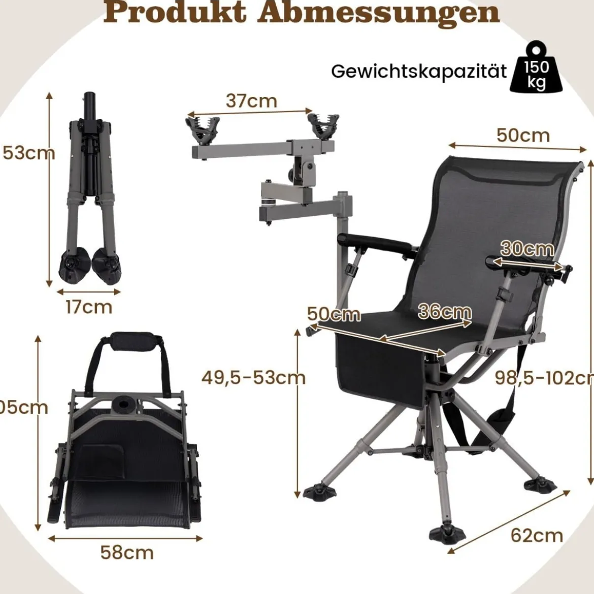 Jagdstuhl 360° drehbarer Schießstuhl mit verstellbaren Beinen 62 x 62 x 102 cm