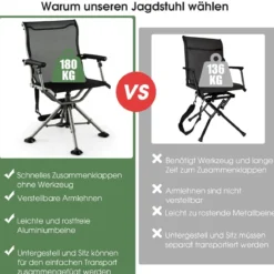 Jagdstuhl 360° drehbar klappbarer Campingstuhl höhenverstellbarer Drehstuhl 60 x 60 x 94/97/100 cm Schwarz