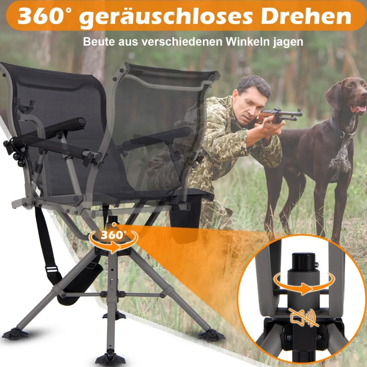 Jagdstuhl Klappstuhl mit verstellbaren Füßen Armlehnen und Pistolenhalter 360° leiser Drehung