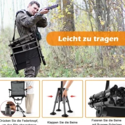 Jagdstuhl Klappstuhl mit verstellbaren Füßen Armlehnen und Pistolenhalter 360° leiser Drehung