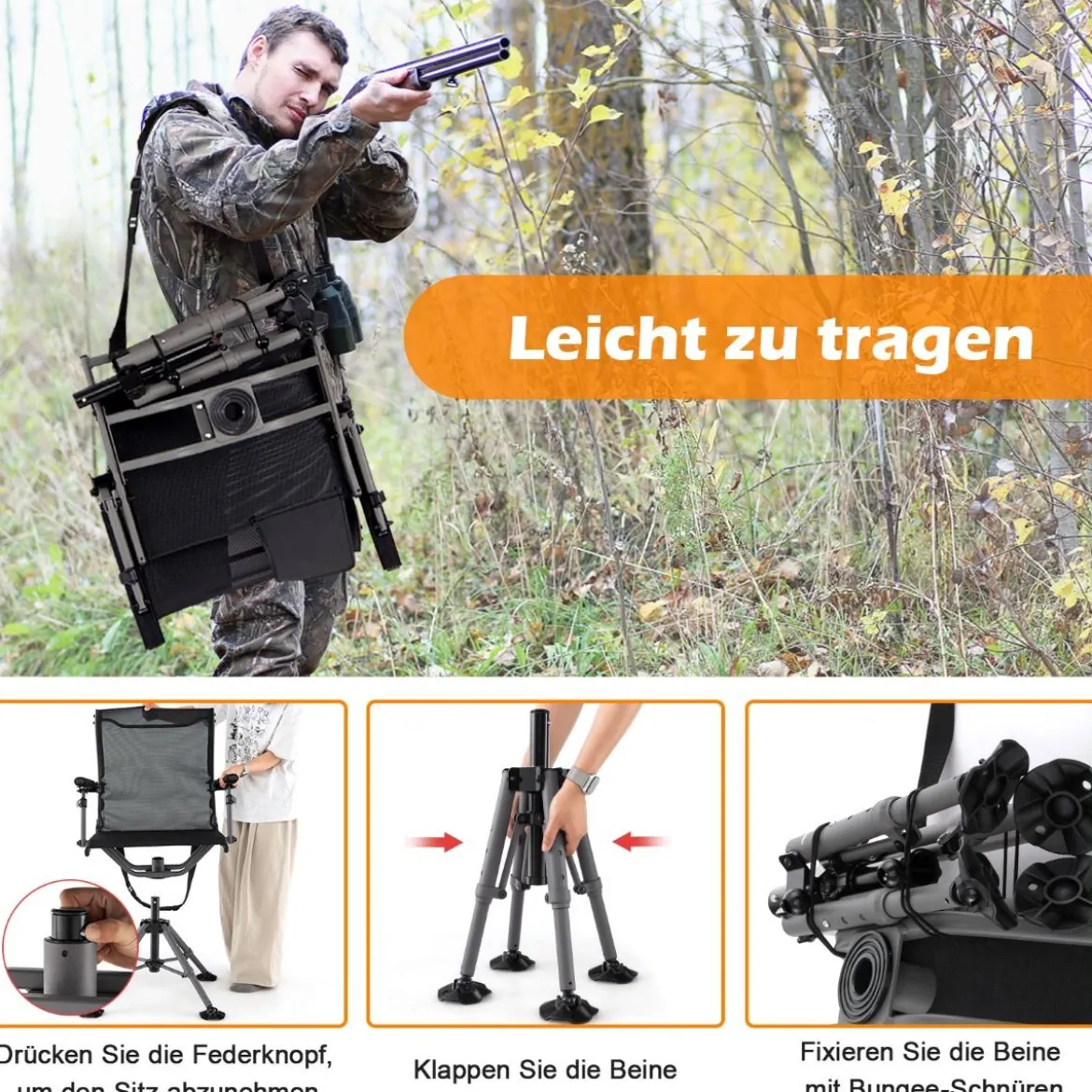 Jagdstuhl Klappstuhl mit verstellbaren Füßen Armlehnen und Pistolenhalter 360° leiser Drehung