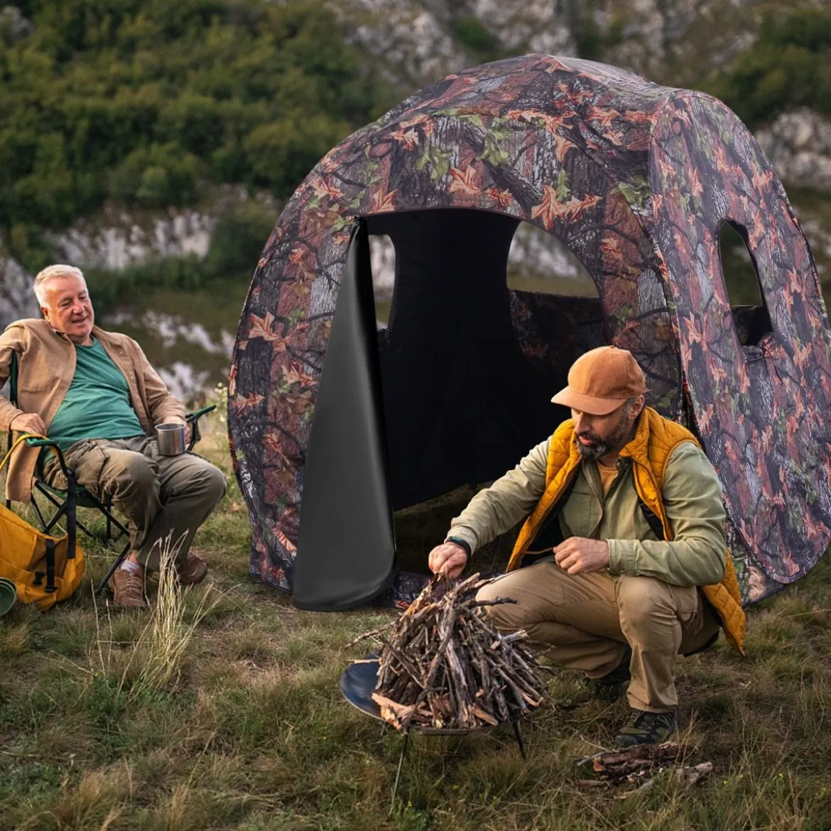 Jagdzelt Pop Up Design mit 360°-Weitsicht & Tragetasche & Spanngurten für 2 Personen