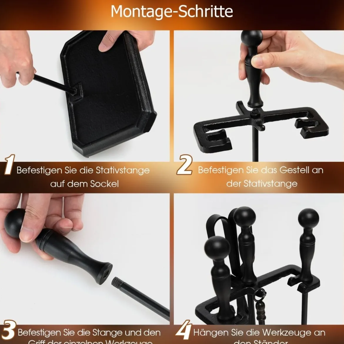 Kaminbesteck Set Holzofen Kaminzubehör mit Zange Handfeger Schaufel Schürhaken Ständer Kamingarnitur