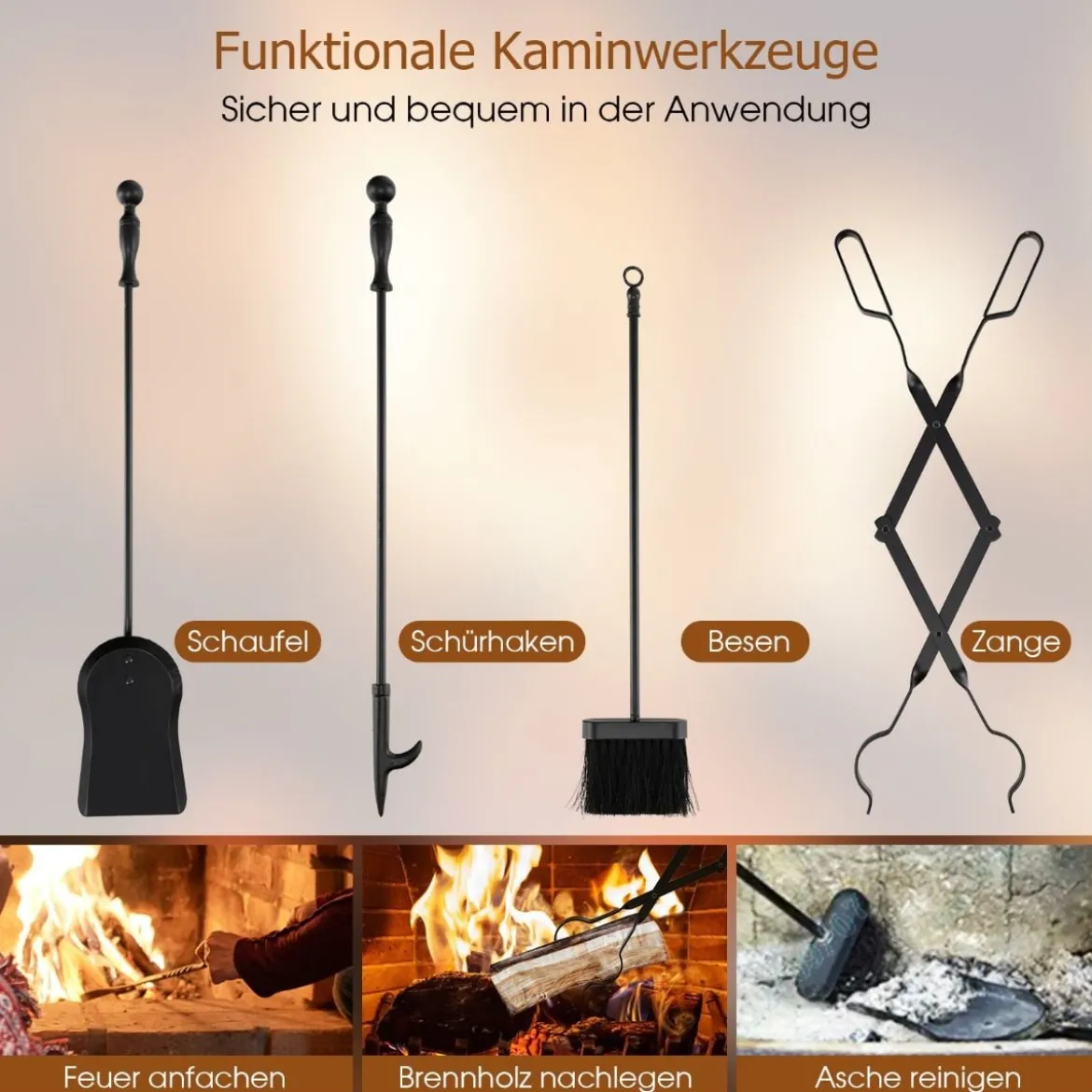 Kaminbesteck Set Holzofen Kaminzubehör mit Zange Handfeger Schaufel Schürhaken Ständer Kamingarnitur